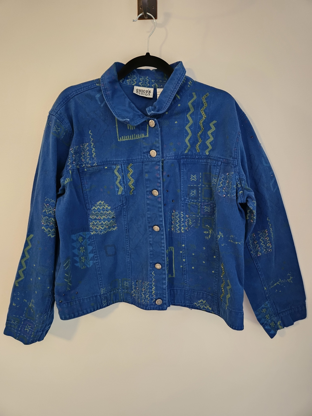 Chicos Vintage Jean Jacket Royal Blue Paint Beads Button-up Cotton Y2K Aztec XL